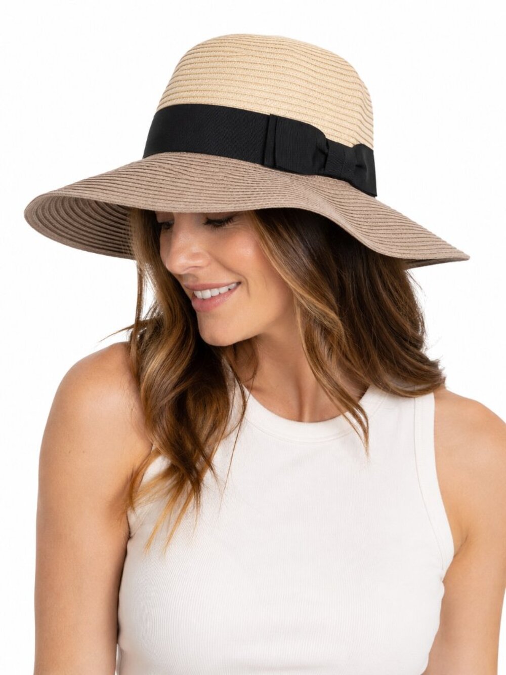 PARKHURST Two Tone Paper Straw Sun Hat Wide Brim Packable Beige Ivory Bow